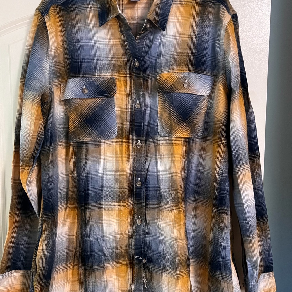 Eddie Bauer Women's Casual Flannel Plaid Shirt - Navy and Mustard